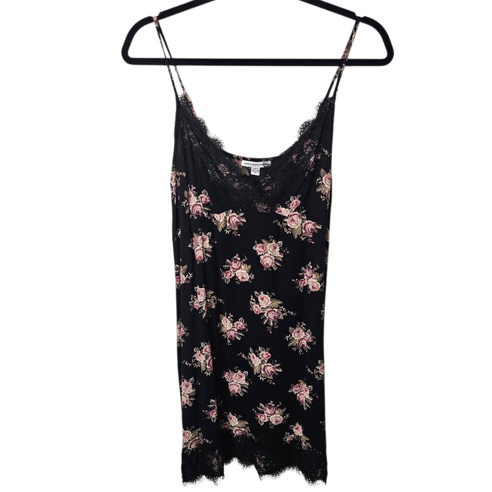 American Eagle M Black Dark Floral Babydoll Tunic Top Fringe Lace Y2K Romantic‎